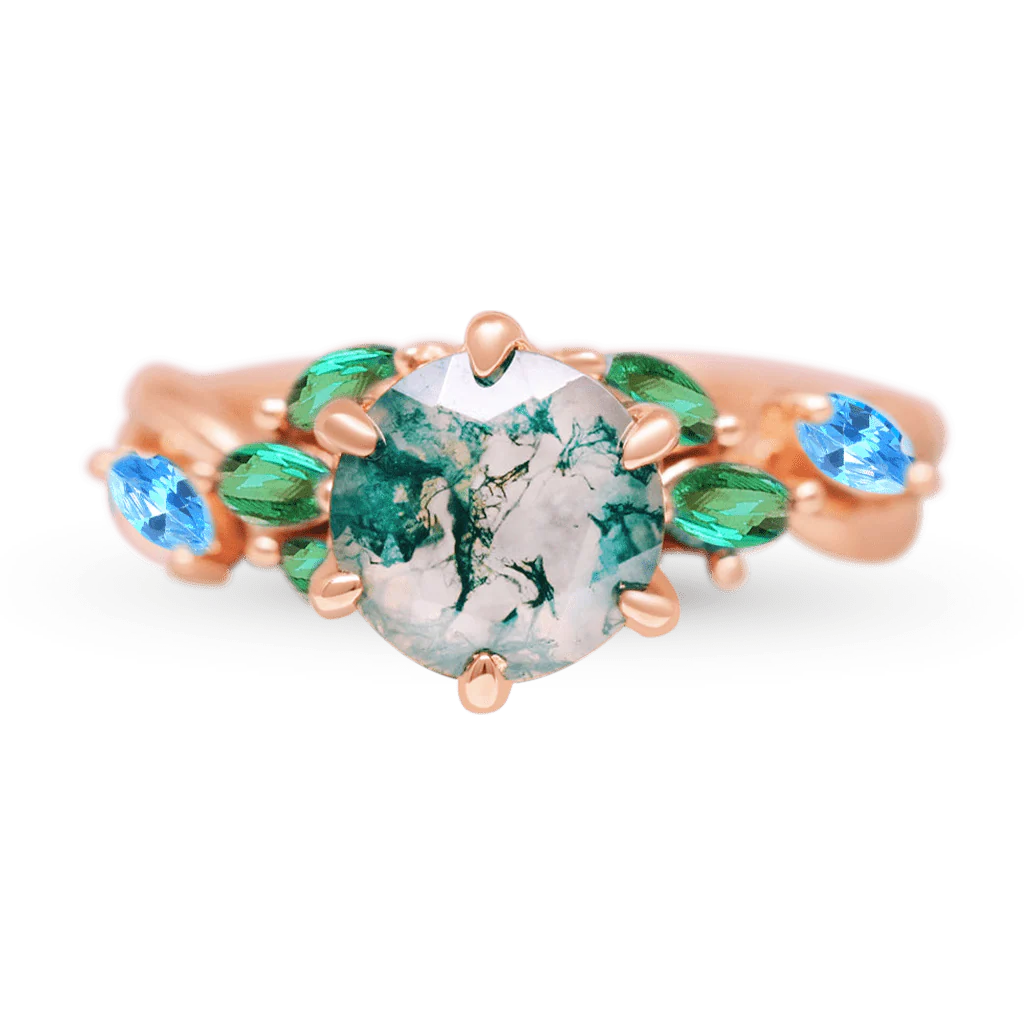 Gnoce Garden Green Moss Agate Fire Opal Ring Platinum-plated Silver Blend - Image 2