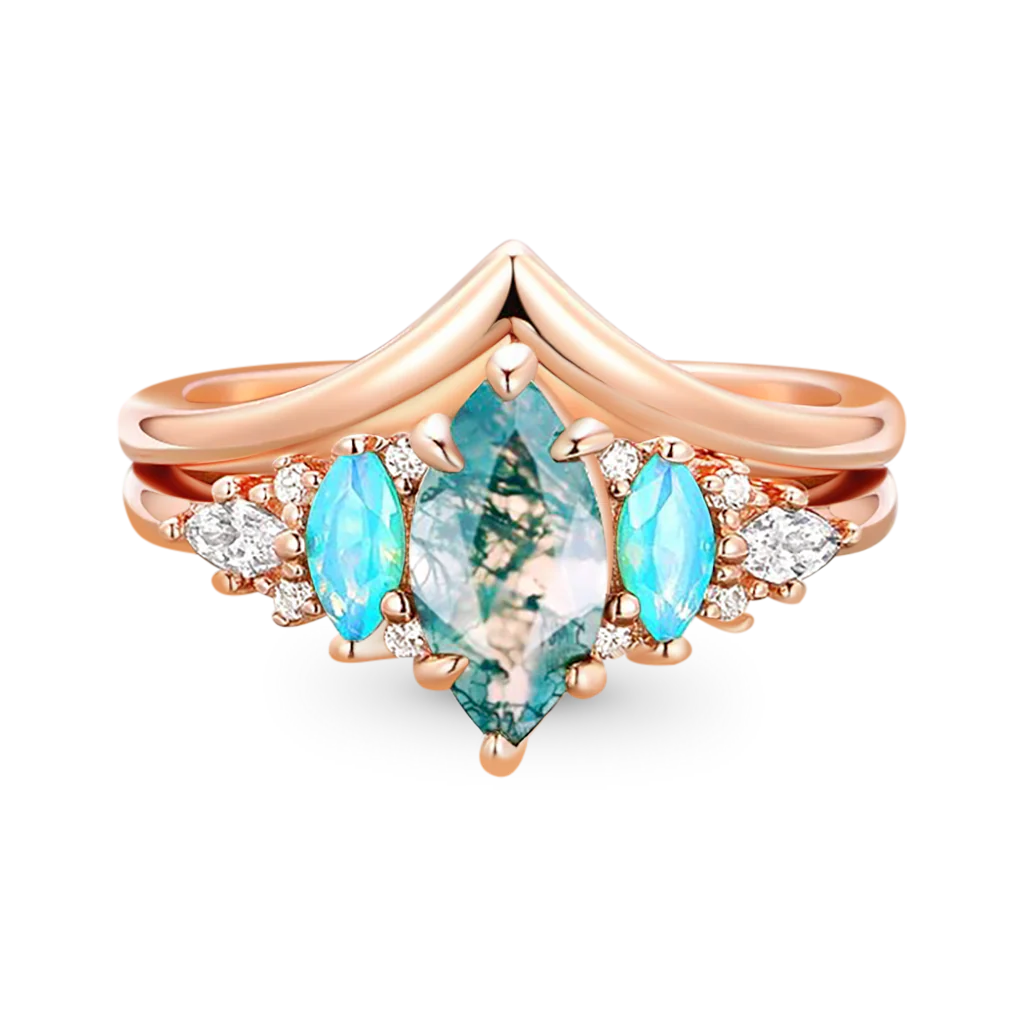 Gnoce Green Moss Agate Stackable Ring Set Platinum-plated Silver Blend
