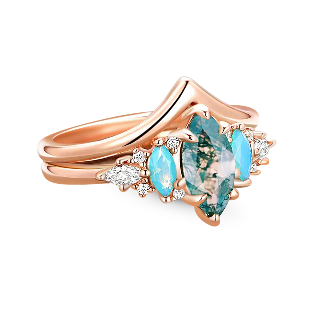 Gnoce Green Moss Agate Stackable Ring Set Platinum-plated Silver Blend - Image 2