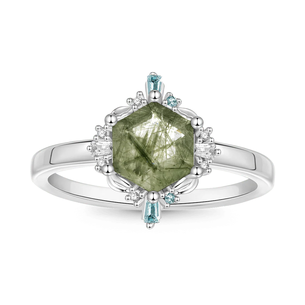 Gnoce Hexagon Green Rutilated Quartz Ring Platinum-plated Silver Blend