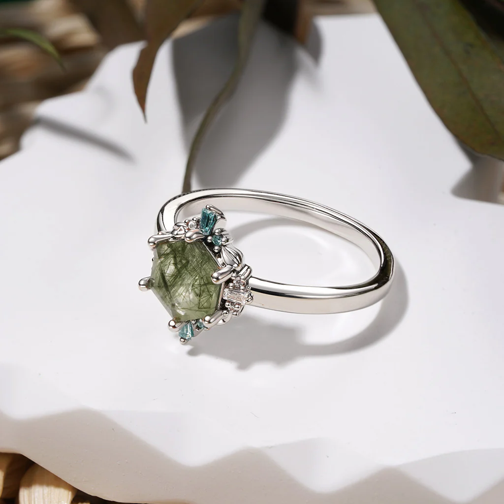 Gnoce Hexagon Green Rutilated Quartz Ring Platinum-plated Silver Blend - Image 3