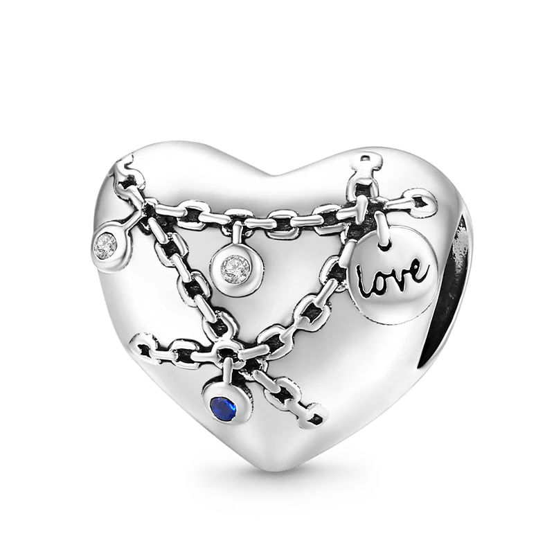 Heart with Chain Charm Bead 925 Sterling Silver