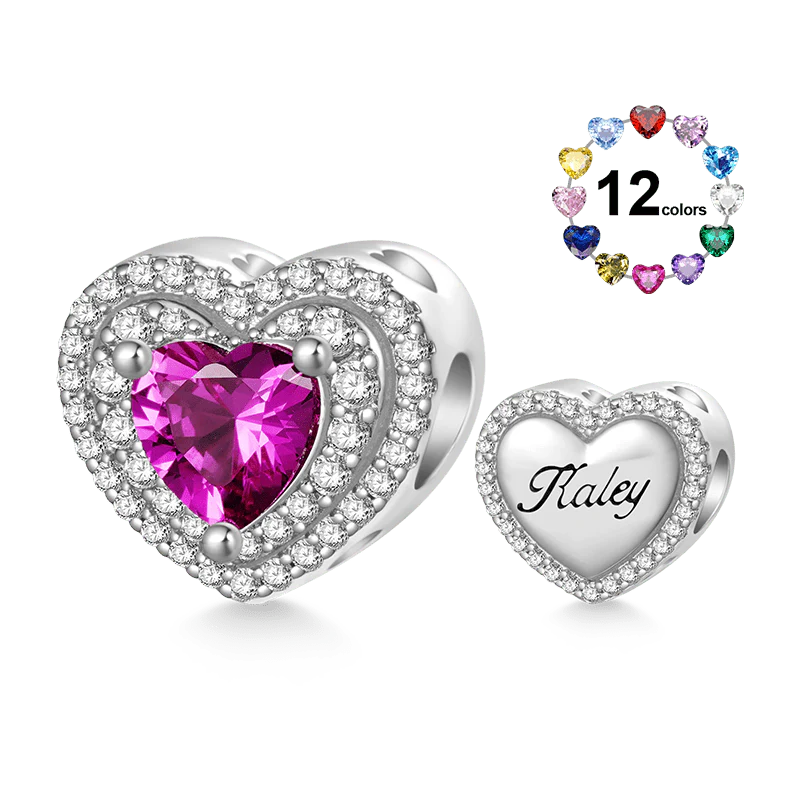 Gnoce Heart Birthstone Engravable Name Charm Platinum-plated Silver Blend