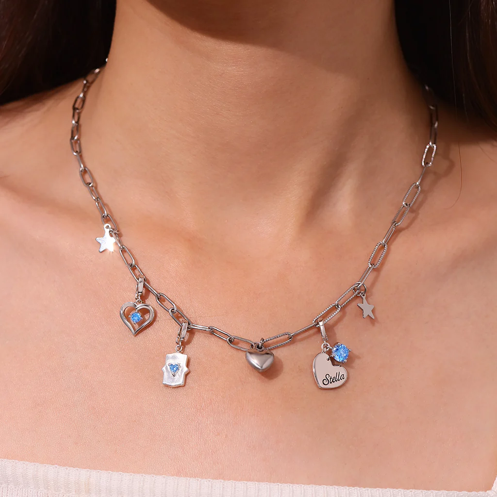 Gnoce Heart Engravable Birthstone Clasp Clusters Charm Platinum-plated Silver Blend - Image 5