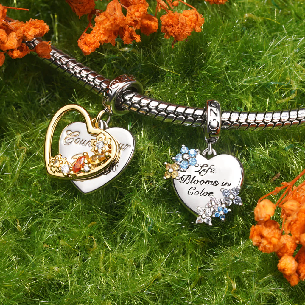 Gnoce Engravable Heart Flowers Charm Platinum-plated Silver Blend - Image 4
