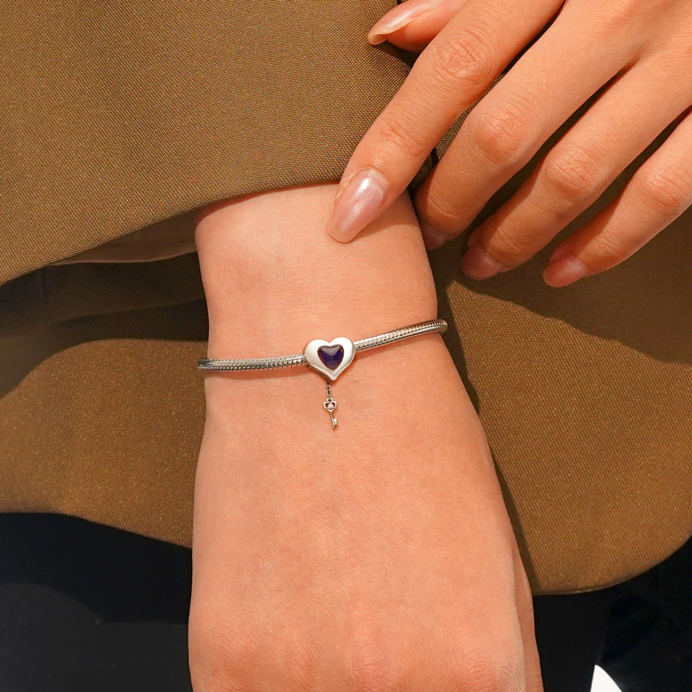 Gnoce Engravable Heart Lock Key Mood Charm Platinum-plated Silver Blend - Image 6
