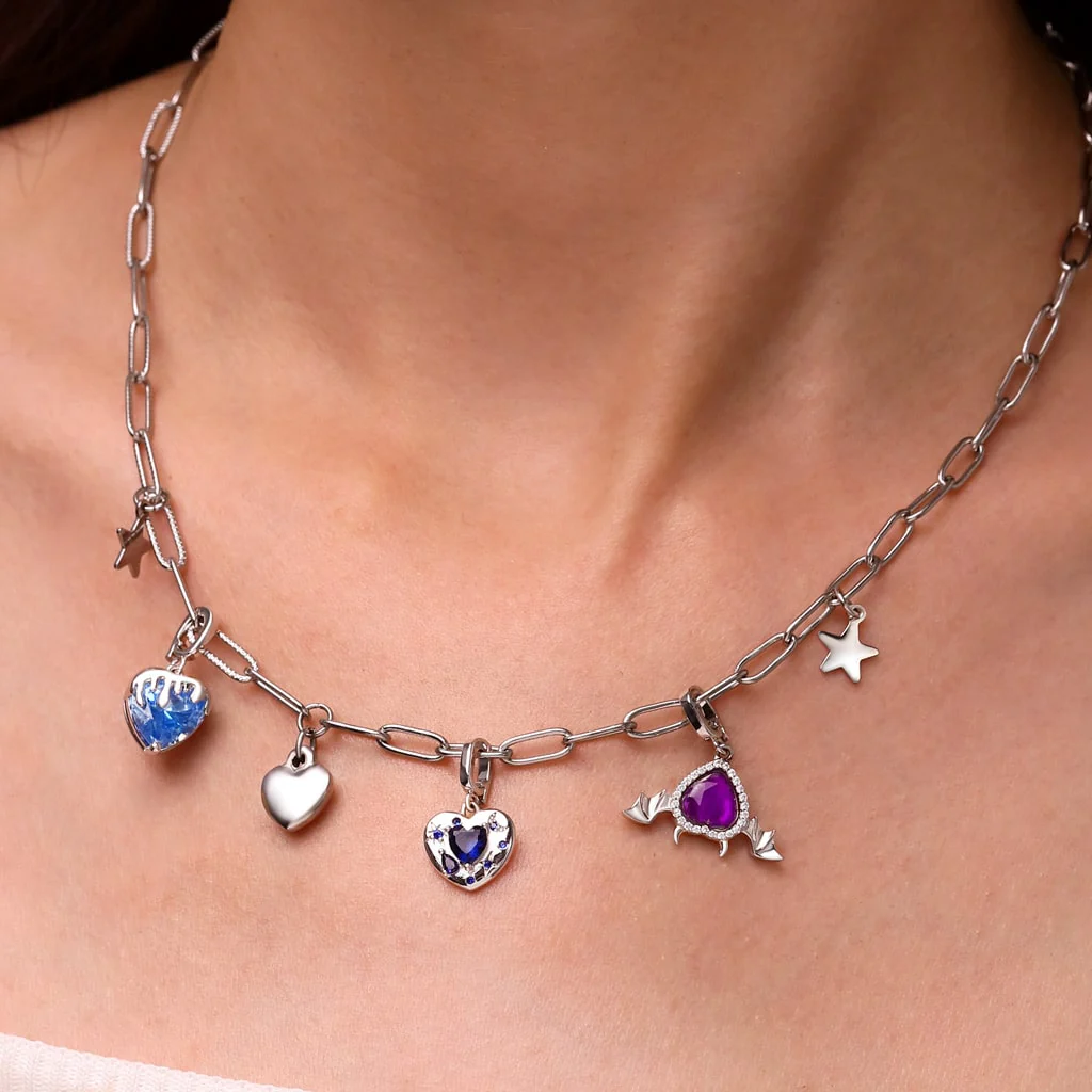 Gnoce Birthstone Heart Moon Clasp Clusters Charm Platinum-plated Silver Blend - Image 5