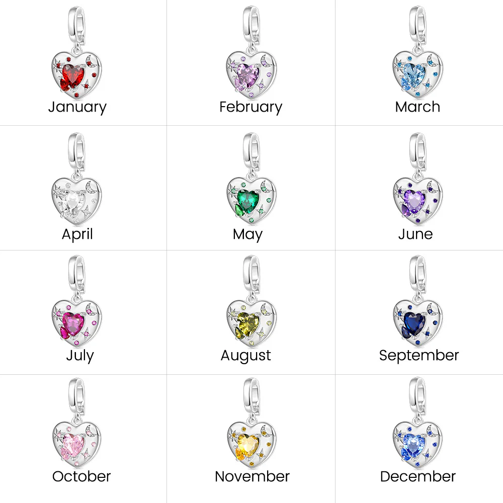 Gnoce Birthstone Heart Moon Clasp Clusters Charm Platinum-plated Silver Blend - Image 7