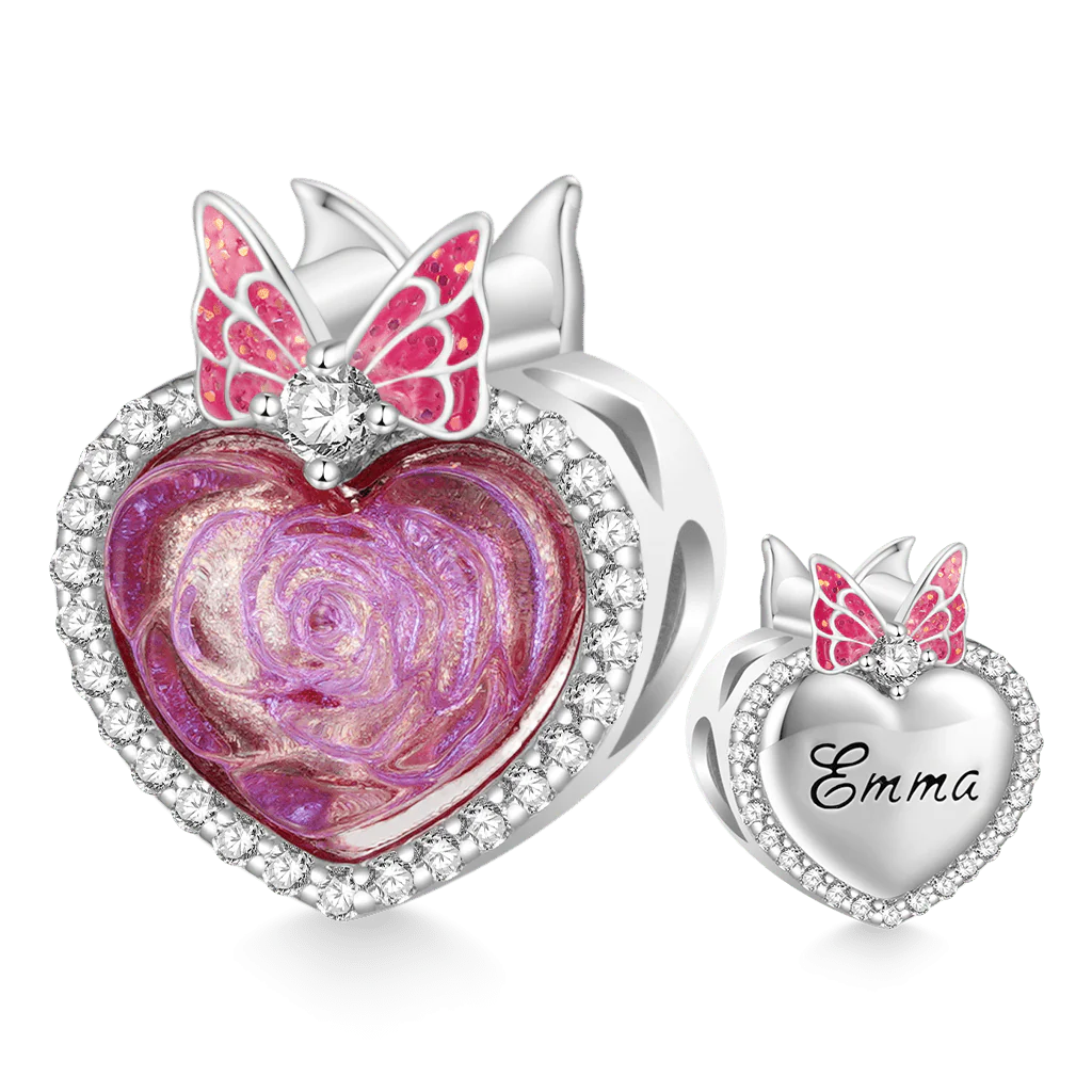 Gnoce Engravable Heart Pink Rose Charm Platinum-plated Silver Blend
