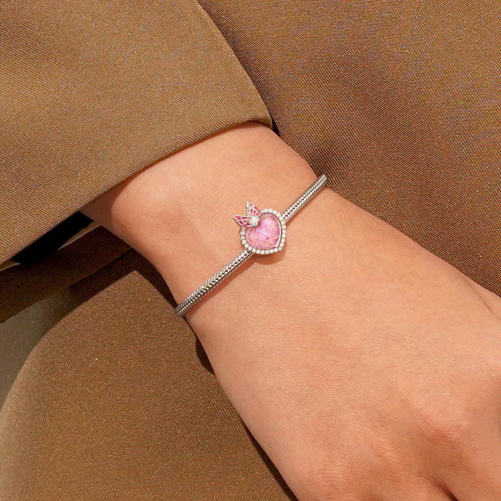 Gnoce Engravable Heart Pink Rose Charm Platinum-plated Silver Blend - Image 3