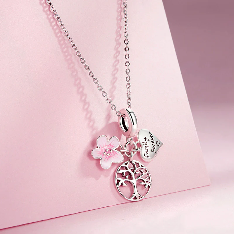 Gnoce Pink Flower Tree of Life Heart Triple Pendant Dangle Charm - Image 3
