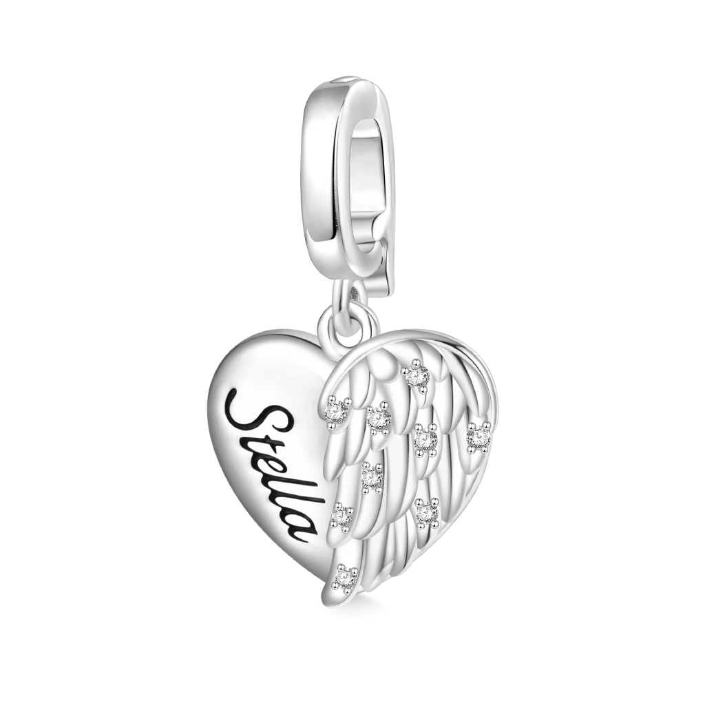 Gnoce Engravable Heart Wings Clasp Clusters Charm Platinum-plated Silver Blend