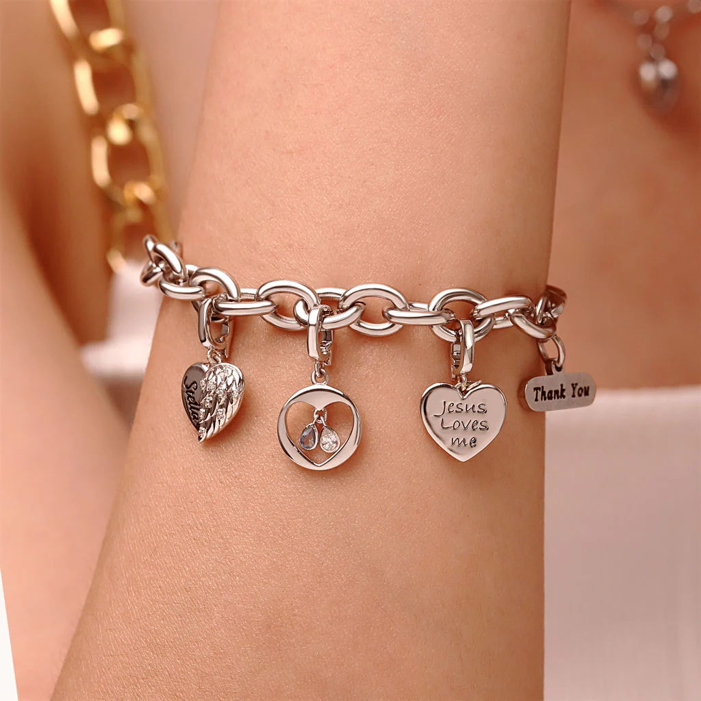 Gnoce Engravable Heart Wings Clasp Clusters Charm Platinum-plated Silver Blend - Image 7
