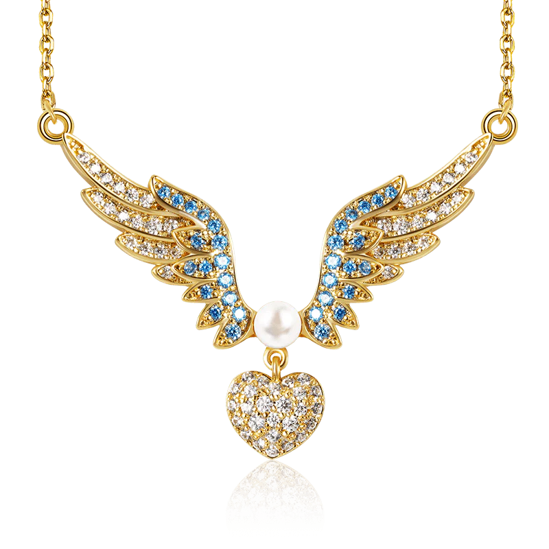 Heart with Angel's Wing Necklace Copper 18K Gold Plated Inlaid with Colorful Gemstones