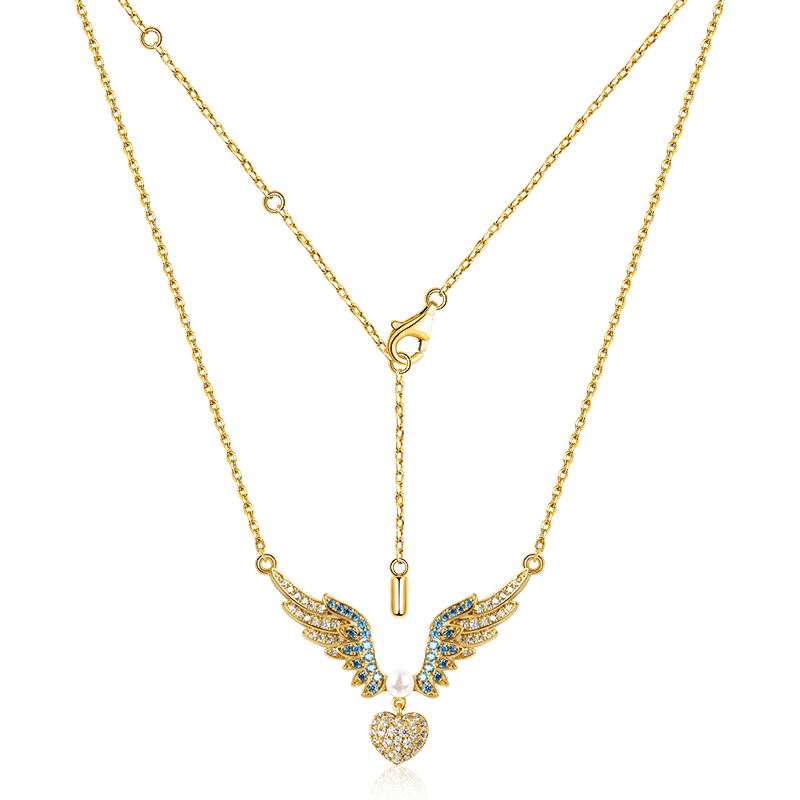 Heart with Angel's Wing Necklace Copper 18K Gold Plated Inlaid with Colorful Gemstones - Image 2