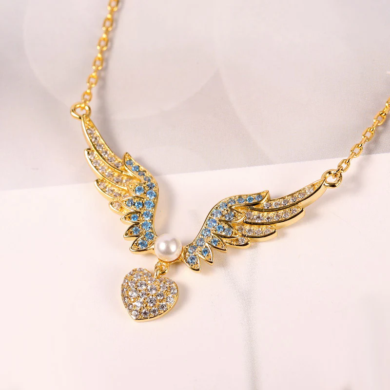 Heart with Angel's Wing Necklace Copper 18K Gold Plated Inlaid with Colorful Gemstones - Image 3