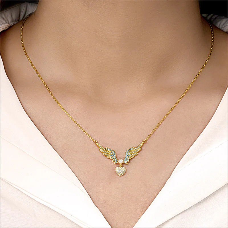 Heart with Angel's Wing Necklace Copper 18K Gold Plated Inlaid with Colorful Gemstones - Image 4