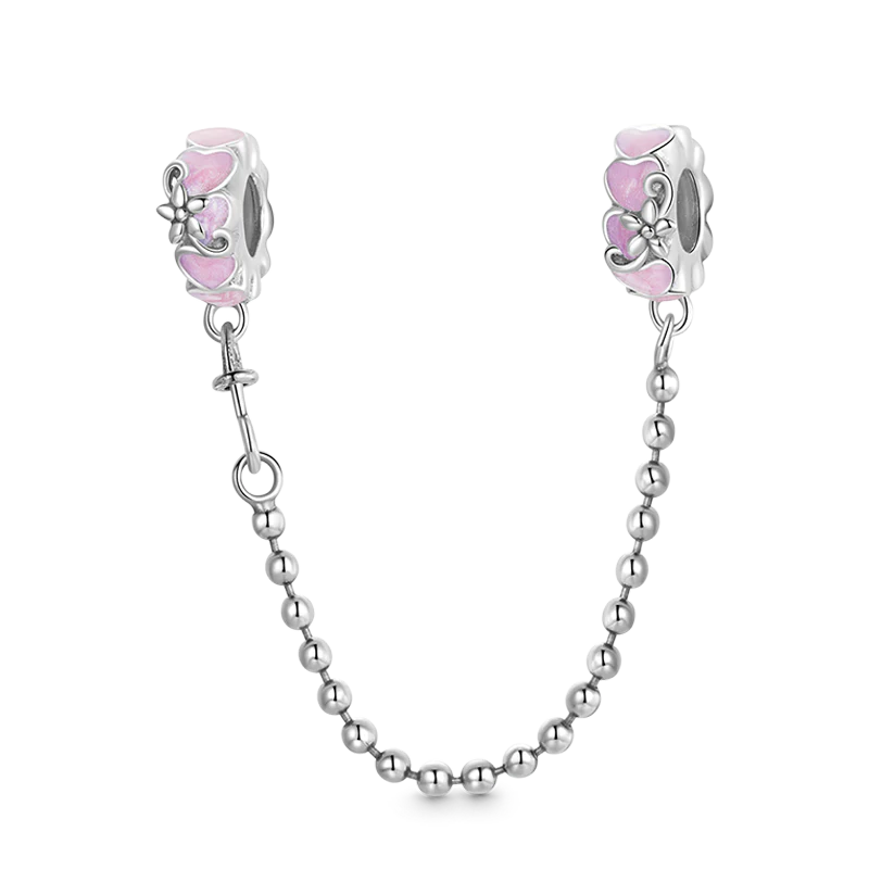 Hearts Safety Chain 925 Sterling Silver with Purple Enamels