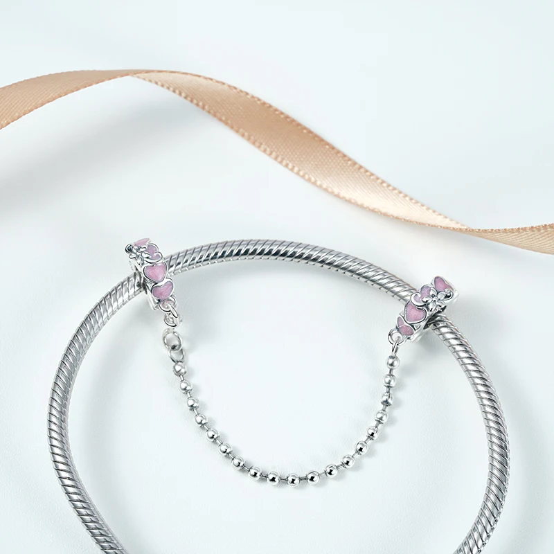 Hearts Safety Chain 925 Sterling Silver with Purple Enamels - Image 2