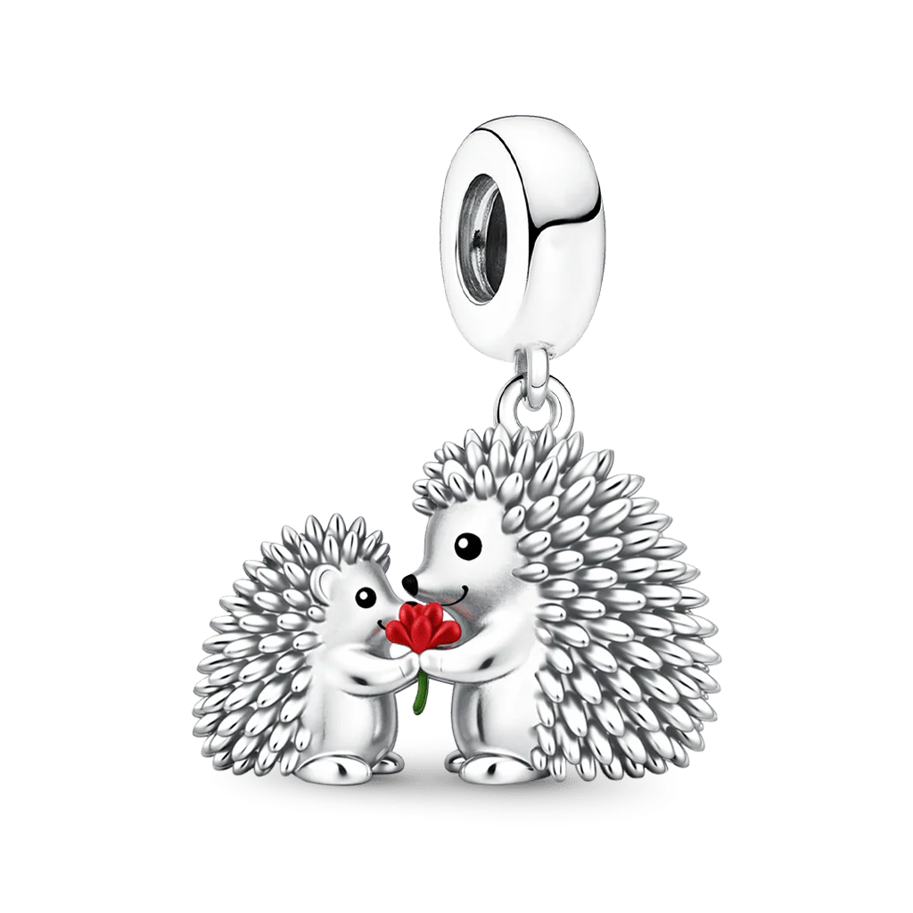 Gnoce Hedgehog Mother Child Holding Carnation Charm Platinum-plated Silver Blend - Image 6