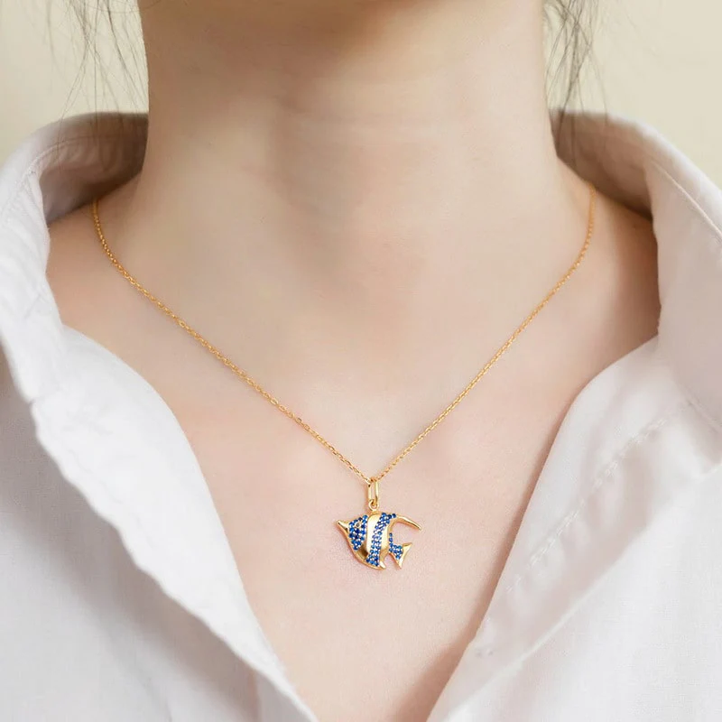 Heniochus Fish Necklace Inlaid with Shiny Spinels Gold Plated Sterling Silver Ocean Collection - Image 4