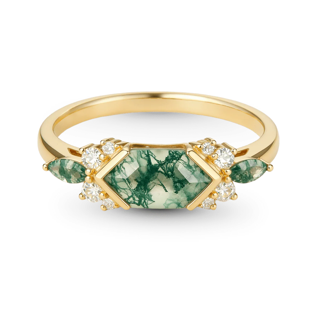Gnoce Long Hexagon Moss Agate Engagement Ring