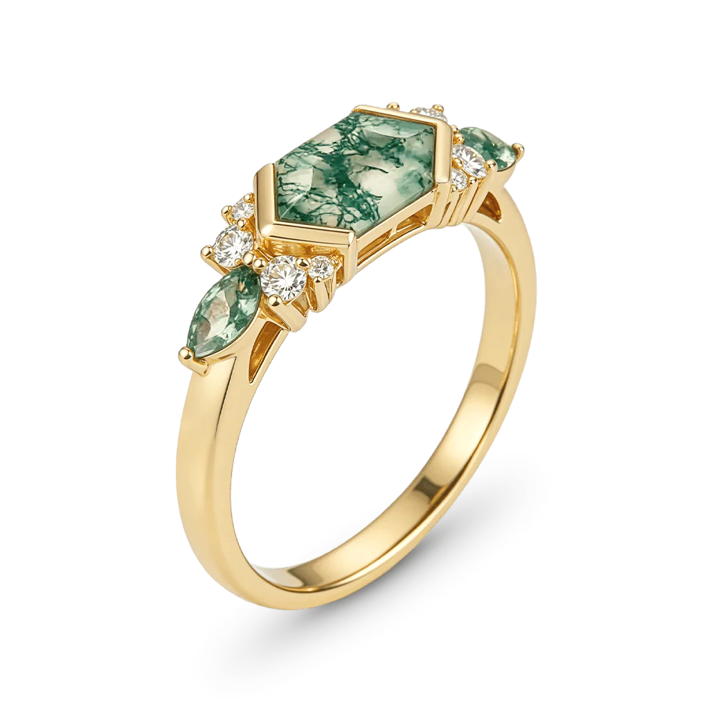 Gnoce Long Hexagon Moss Agate Engagement Ring - Image 4