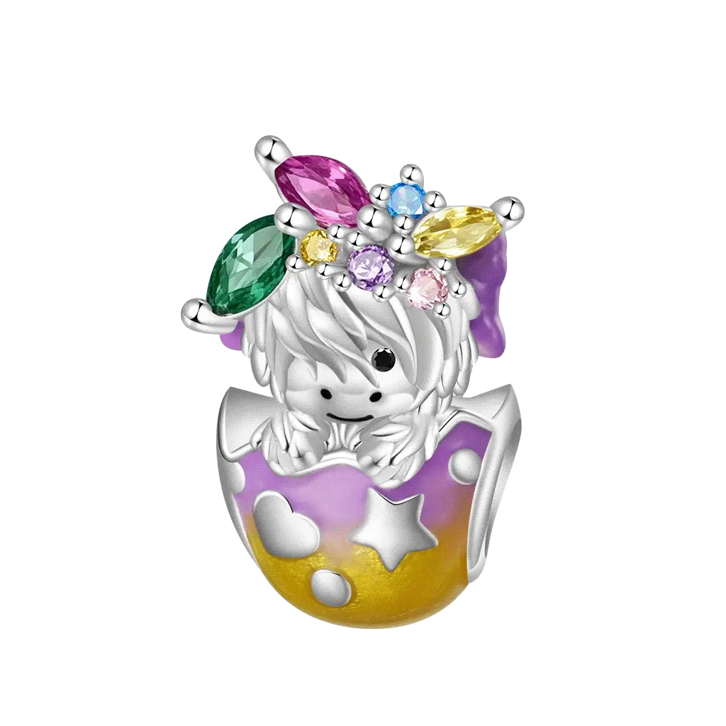 Gnoce Wreath Highland Cow Glow-in-the-Dark Easter Eggs Charm Platinum-plated Silver Blend