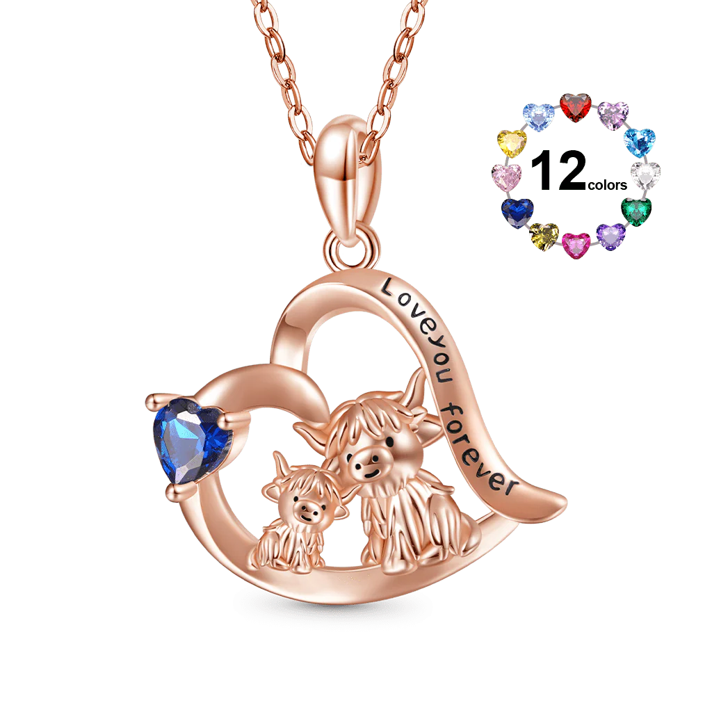 Gnoce "I love you forever" Highland Cow Heart Birthstone Necklace