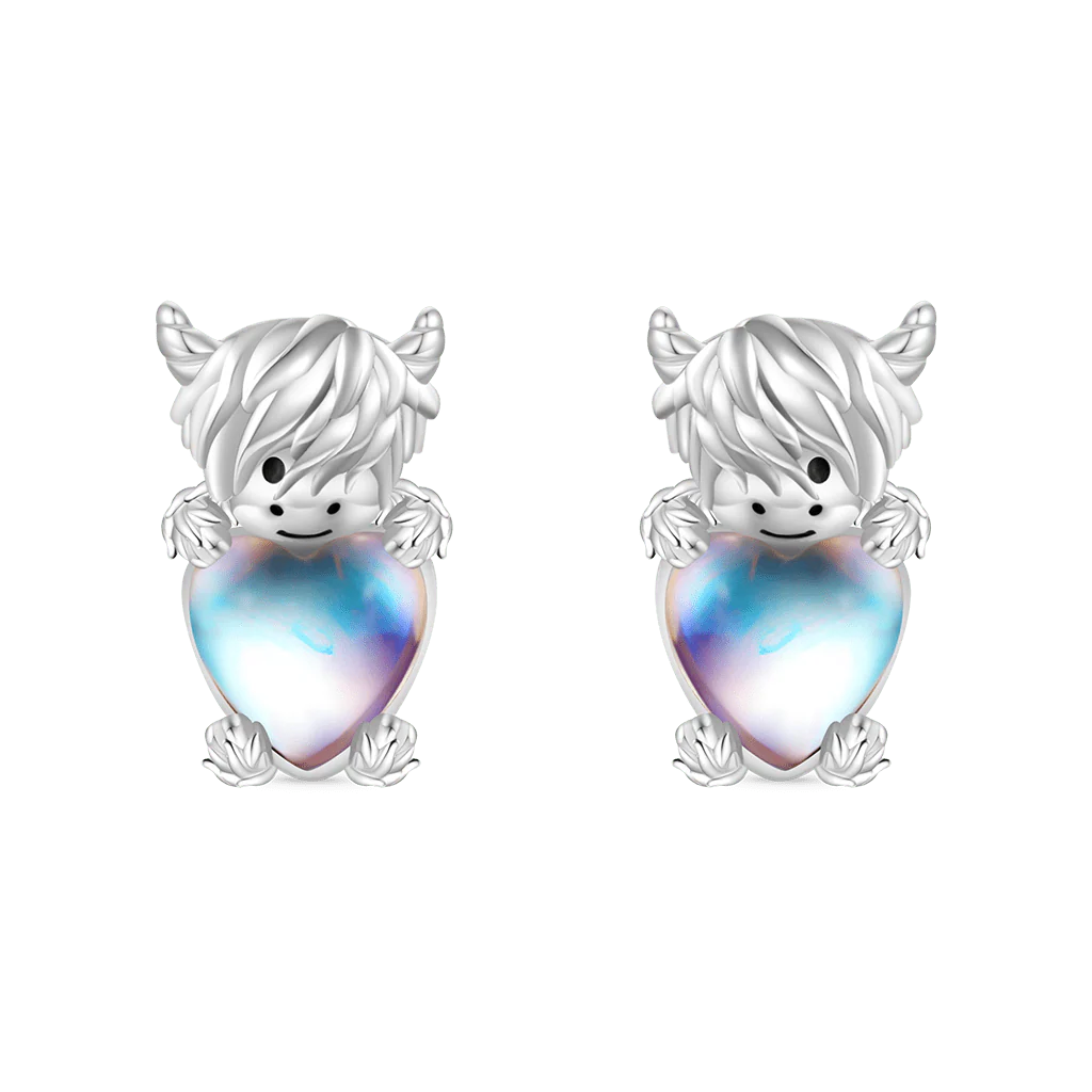 Gnoce Highland Cow Embraces Moonstone Earrings Platinum-plated Silver Blend