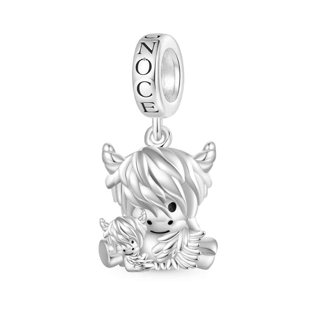 Gnoce Highland Cow Mother and Child Charm Platinum-plated Silver Blend