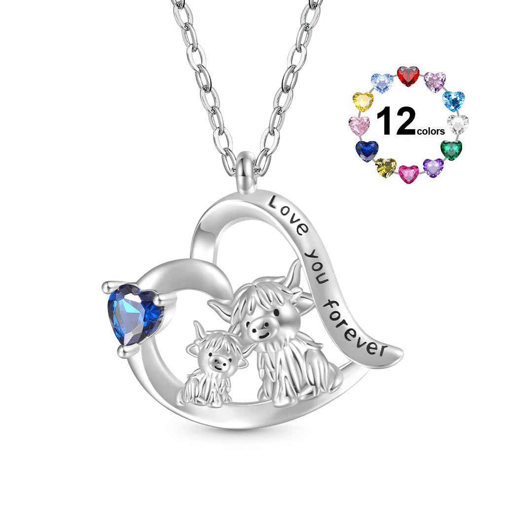 Gnoce Highland Cow Mother Child Heart Birthstone Necklace