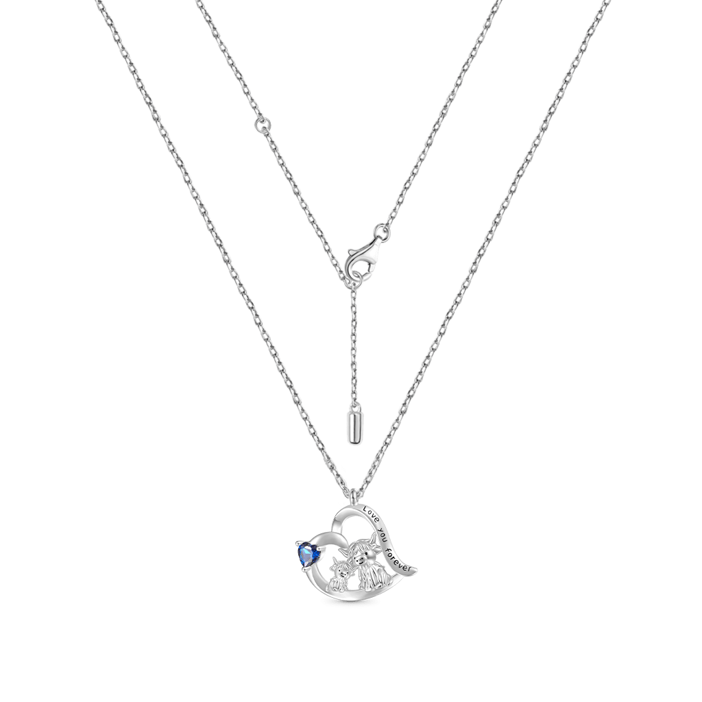 Gnoce Highland Cow Mother Child Heart Birthstone Necklace - Image 2