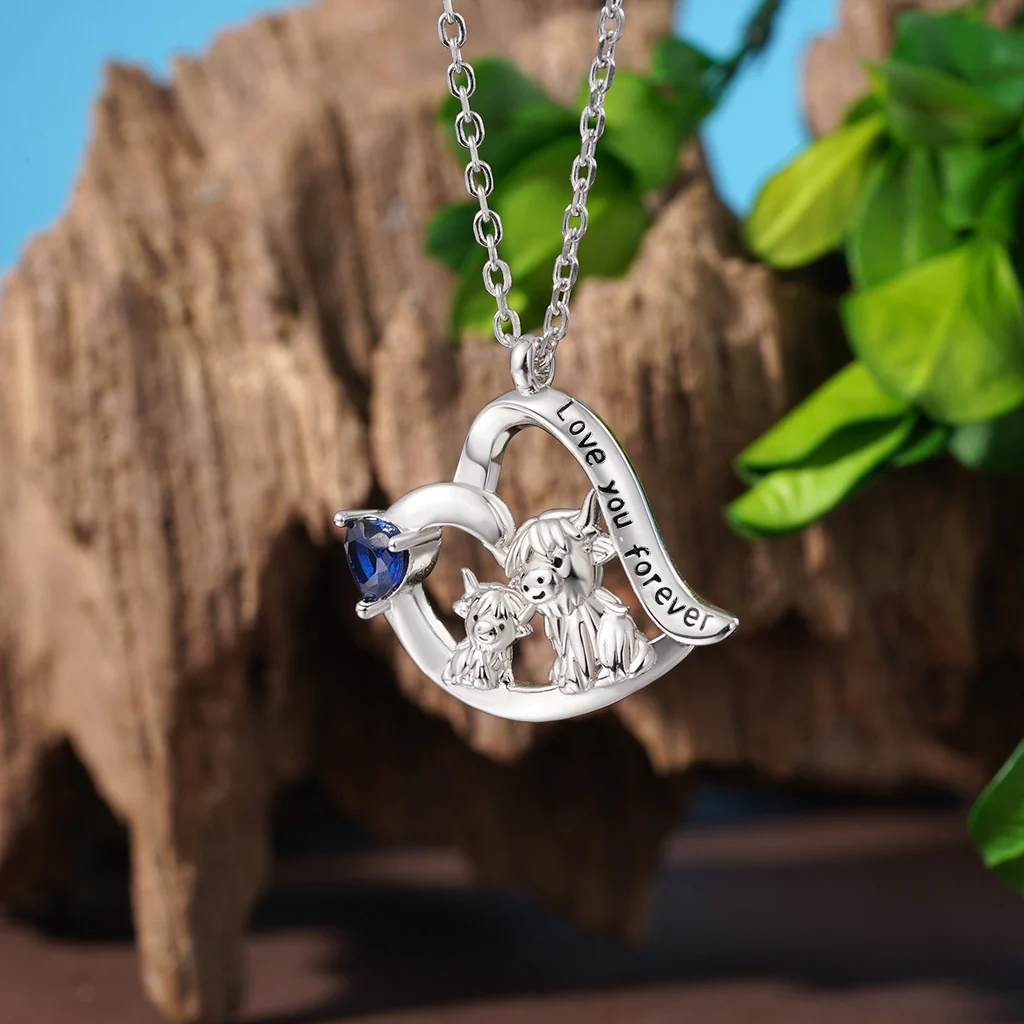 Gnoce Highland Cow Mother Child Heart Birthstone Necklace - Image 4