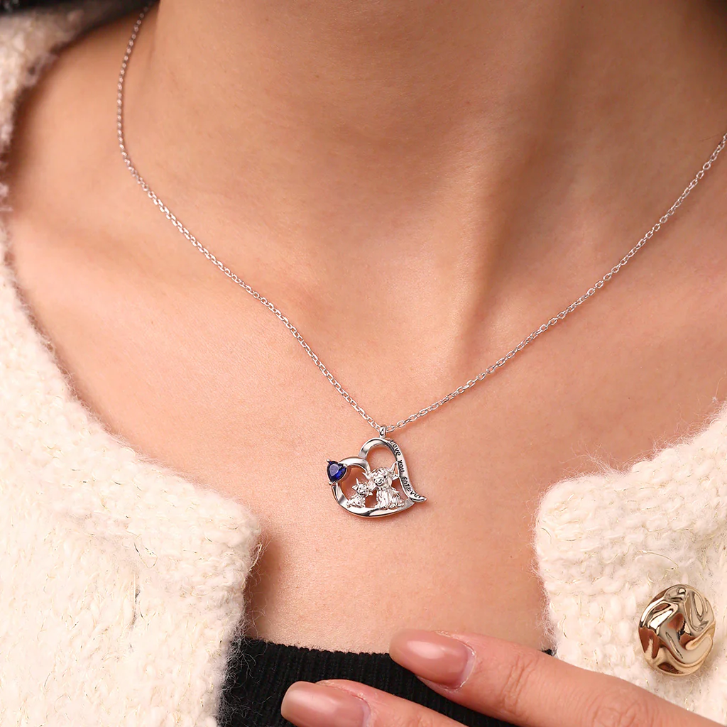 Gnoce Highland Cow Mother Child Heart Birthstone Necklace - Image 6