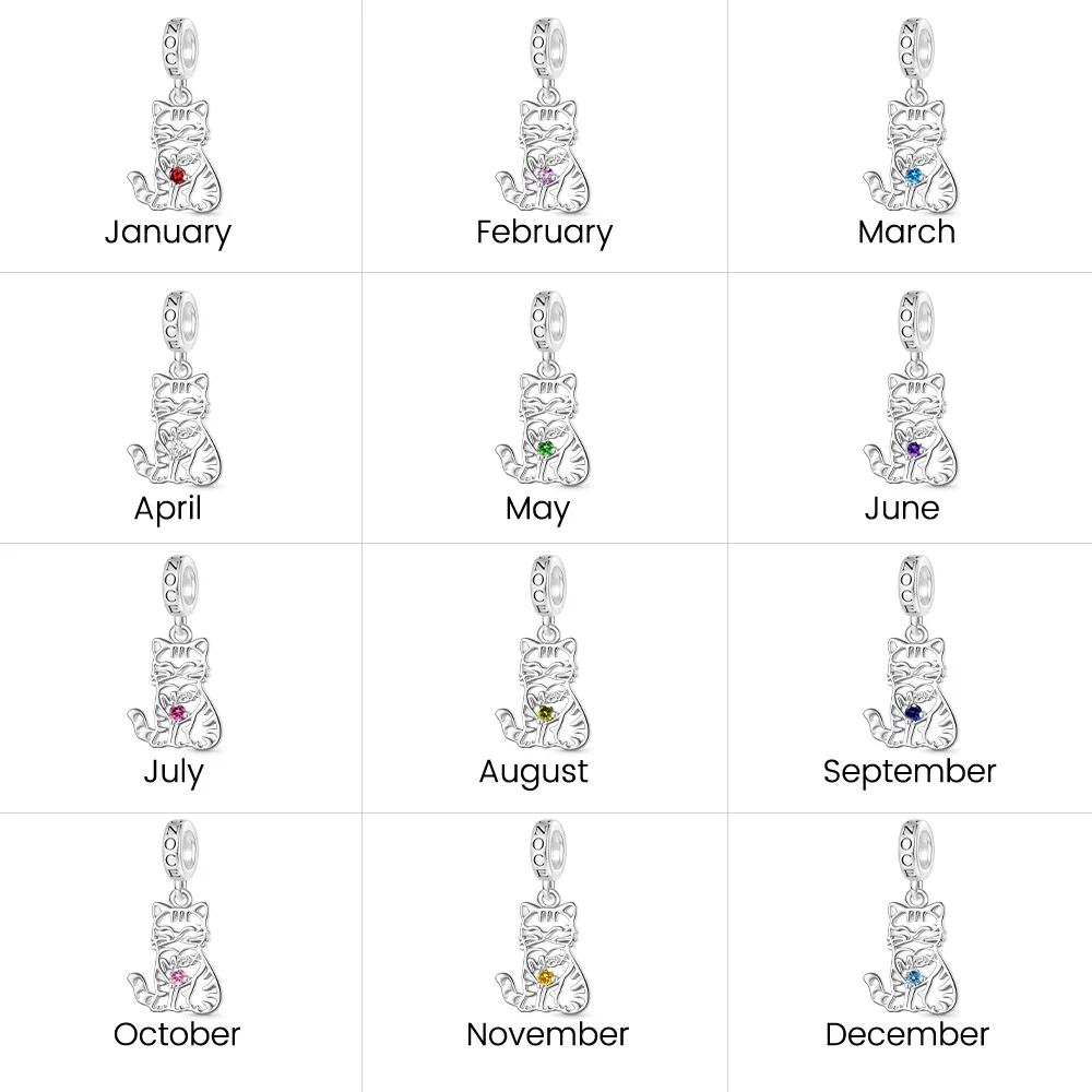Gnoce Engravable Cat Birthstone Charm Platinum-plated Silver Blend - Image 4