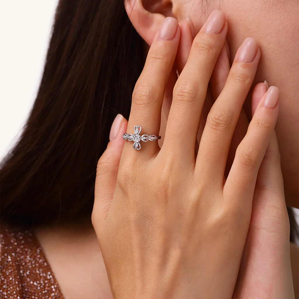 Gnoce Hollow Love Heart Cross Ring Platinum-plated Silver Blend - Image 4