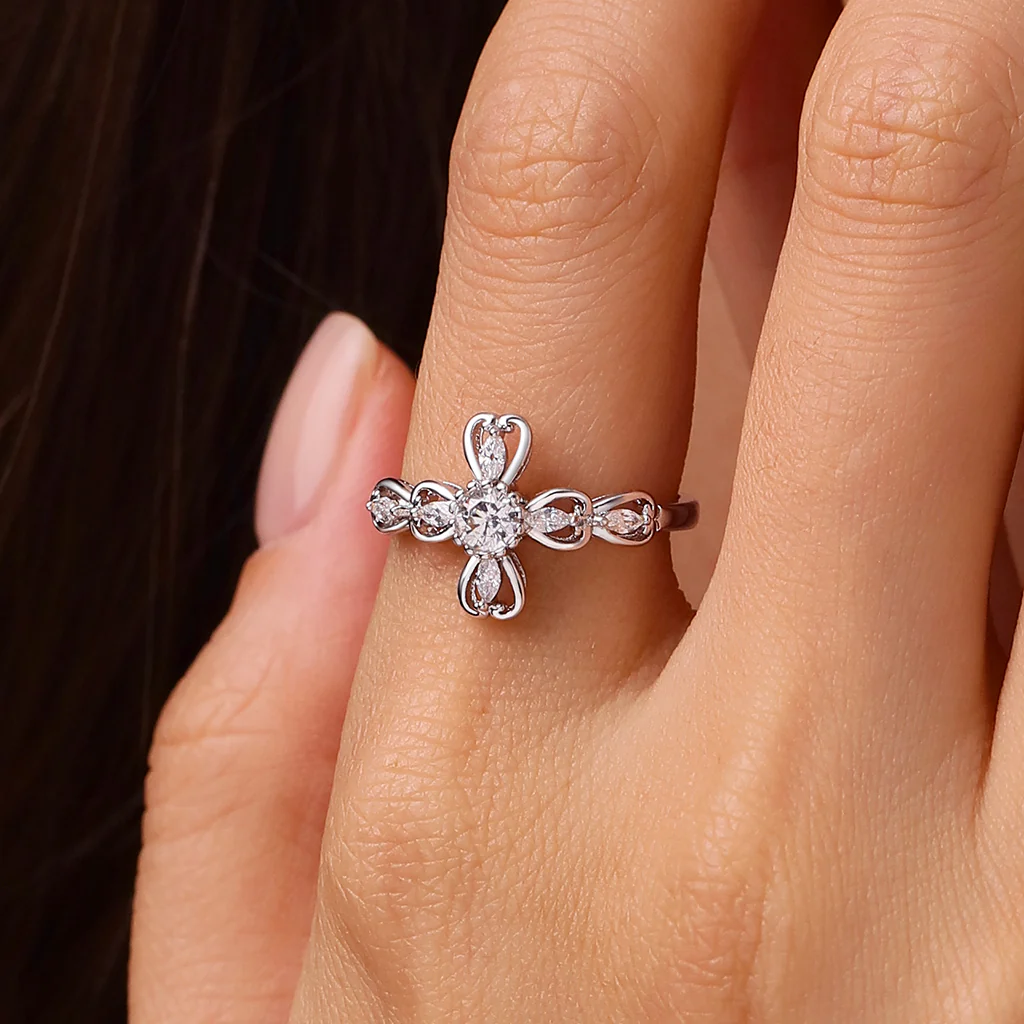 Gnoce Hollow Love Heart Cross Ring Platinum-plated Silver Blend - Image 5
