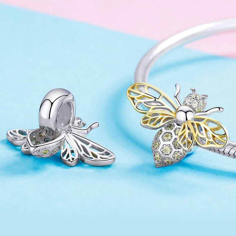 Dancing Honey bee Stopper for Charm Bracelets 925 Sterling Silver 18K Gold Plated Inlaid with Yellow Gemstones - Image 2