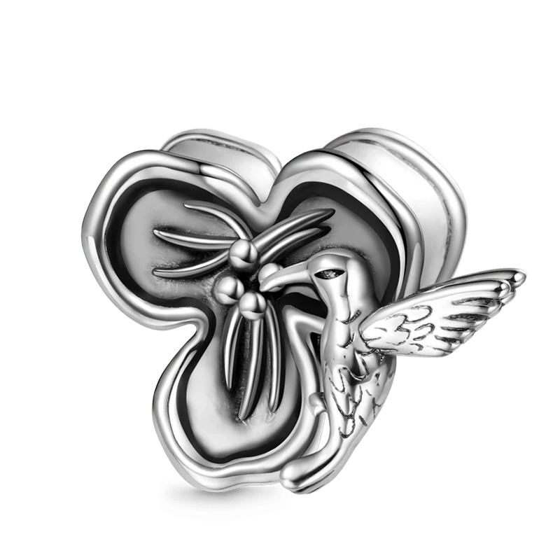 Gnoce Hummingbird Loves Flower Charm Platinum-plated Silver Blend
