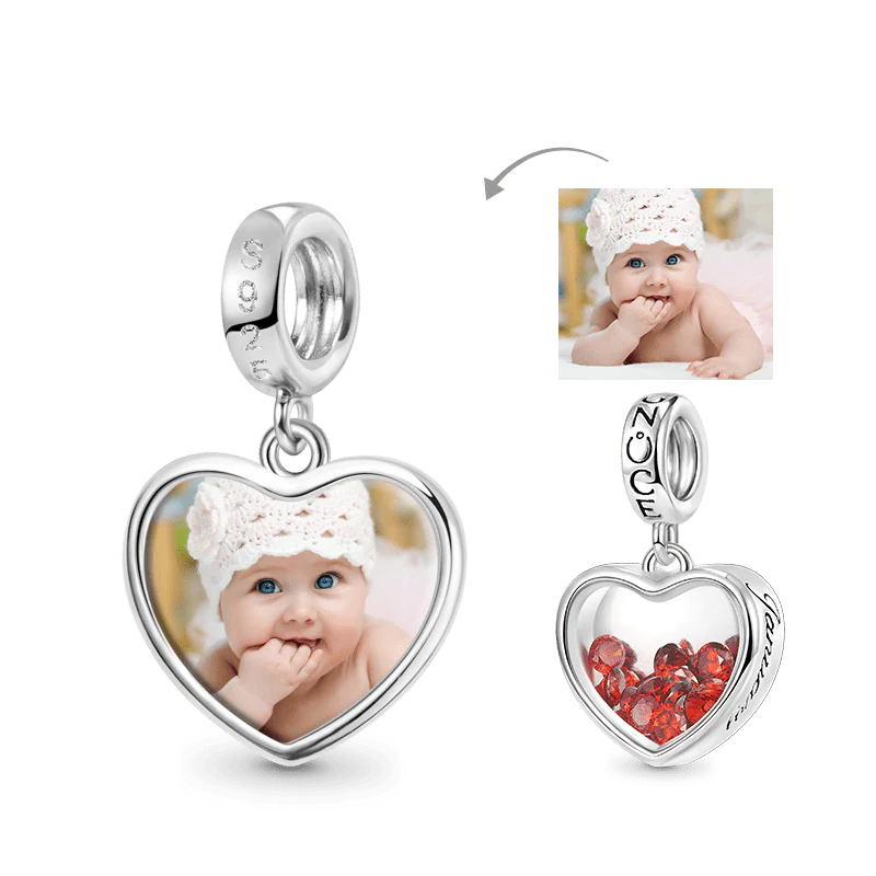 Gnoce Jan.Birthstone Heart Personalized Photo Charm Platinum-plated Silver Blend