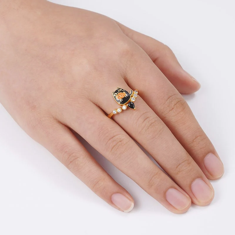 Gnoce Kitten Eating Fish V Ring Platinum-plated Silver Blend - Image 3