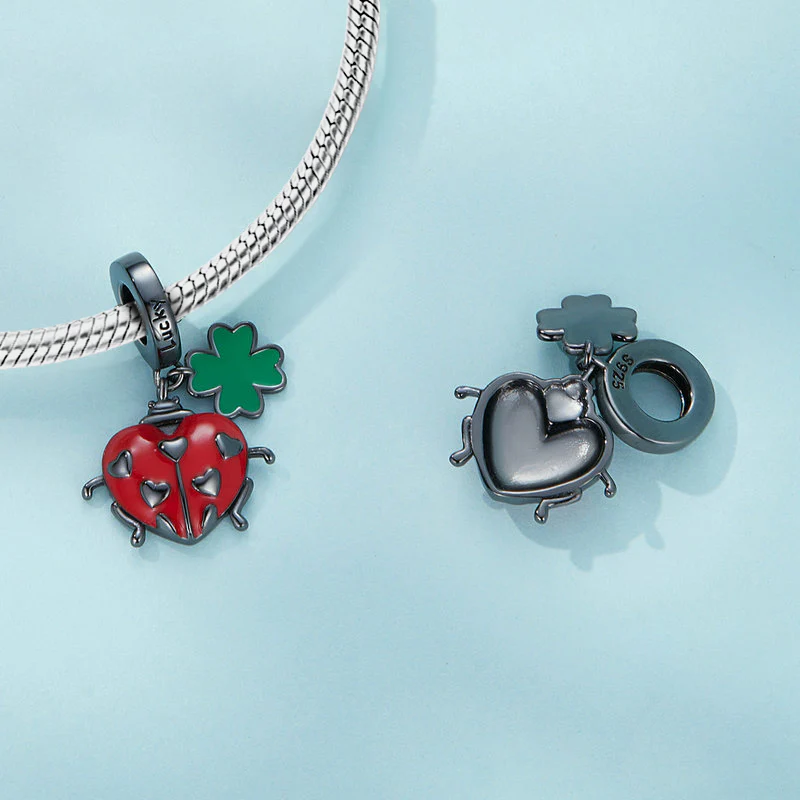 Gnoce Ladybug & Four Leaf Clover Doule Pendant Dangle Charm - Image 2