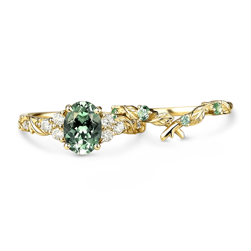 Gnoce Nature-Inspired Leaf Oval-Cut Engagement Ring Set - Image 4