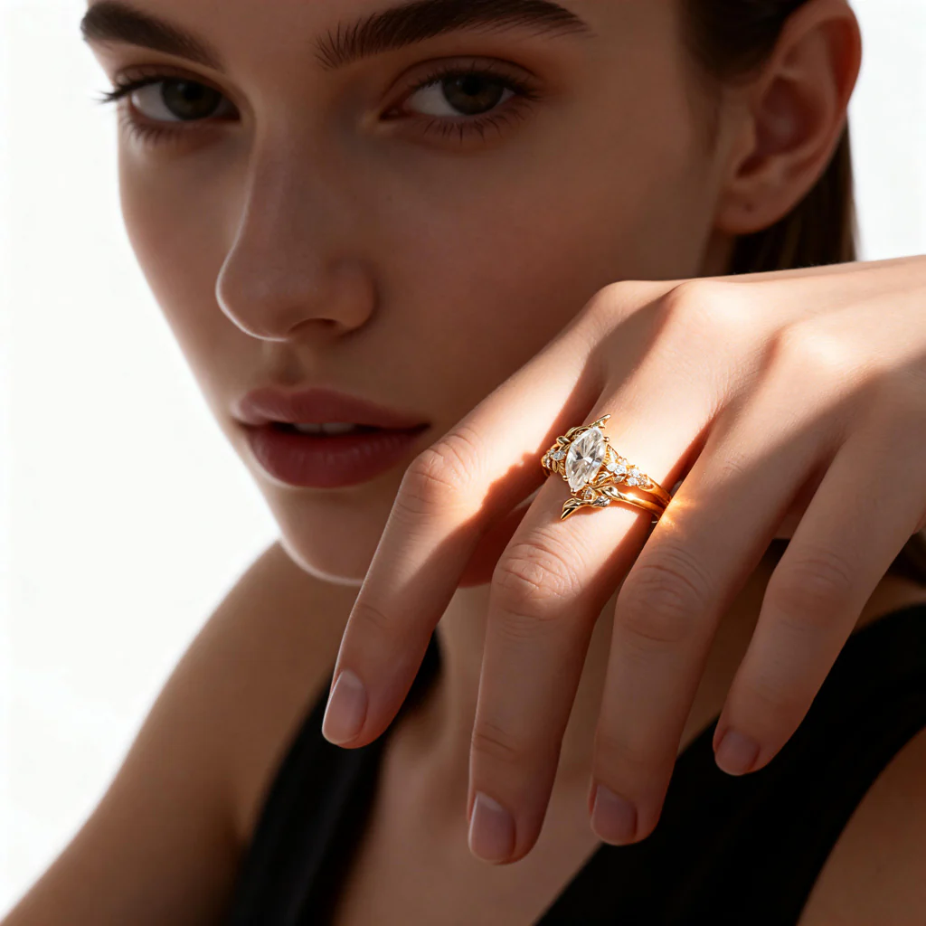 Gnoce Nature-Inspired Leaf & Vine Marquise-cut Engagement Ring Set - Image 3