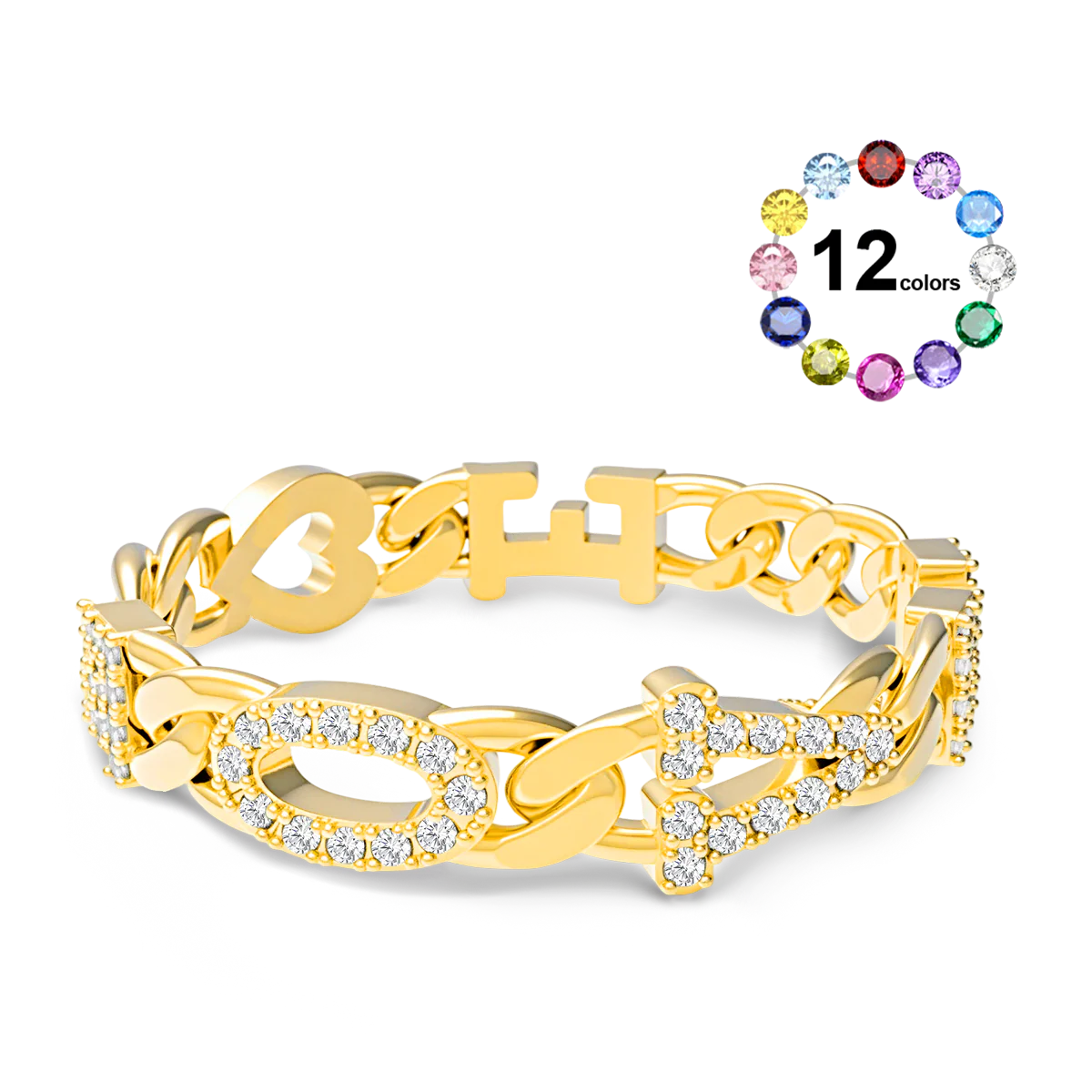 Gnoce Diamond Letter Curb Chain Ring with Custom Birthstone Friendship Jewelry