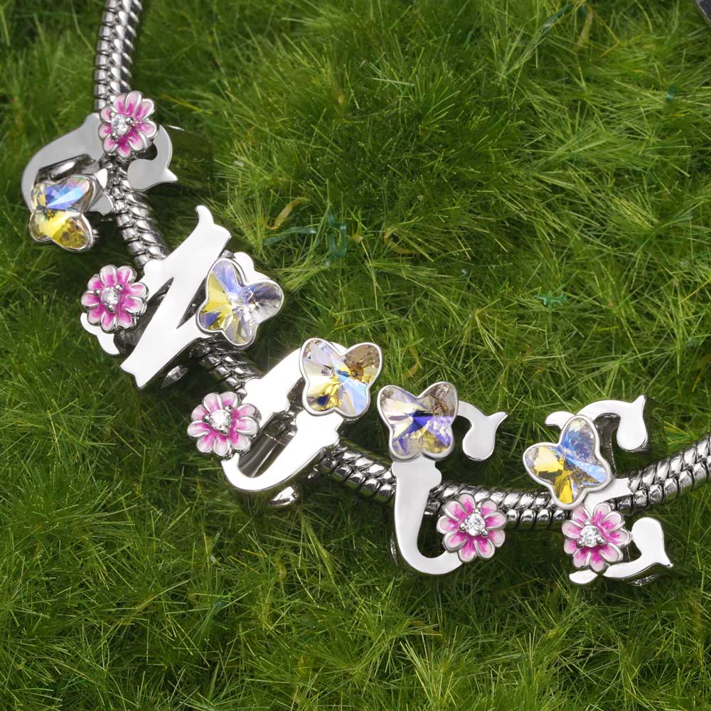 Gnoce Initial Letter Flower Personalized Charm Platinum-plated Silver Blend - Image 3