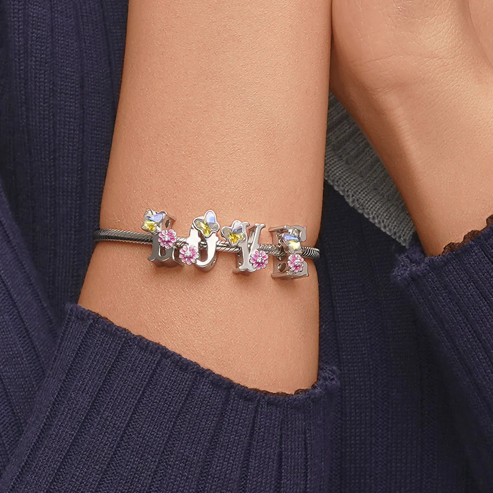Gnoce Initial Letter Flower Personalized Charm Platinum-plated Silver Blend - Image 5