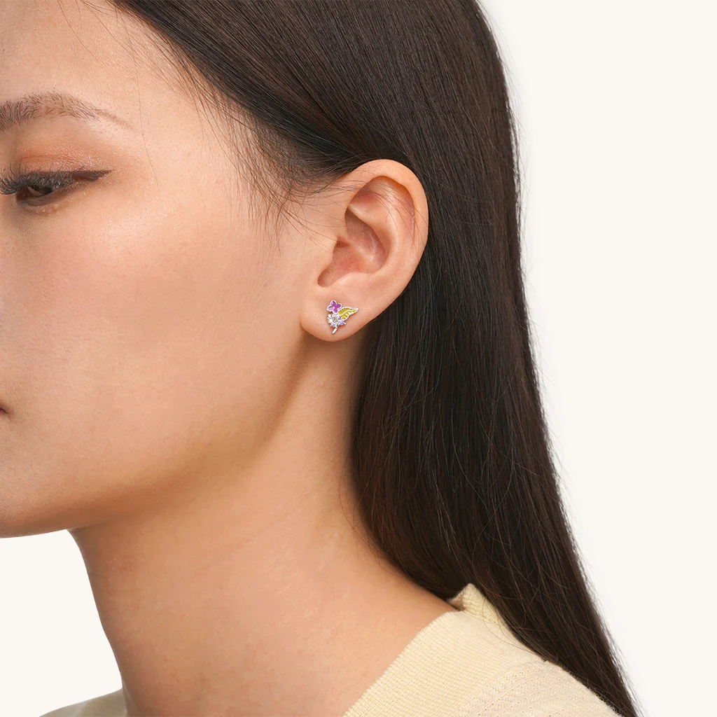 Gnoce Birthday Flower Series Lilac Stud Earrings Platinum-plated Silver Blend - Image 4