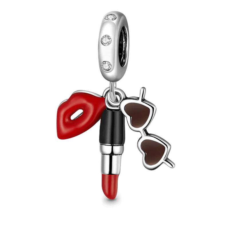 Fashionable Lipstick & Sunglasses Pendant Dangle Charm Sterling Silver